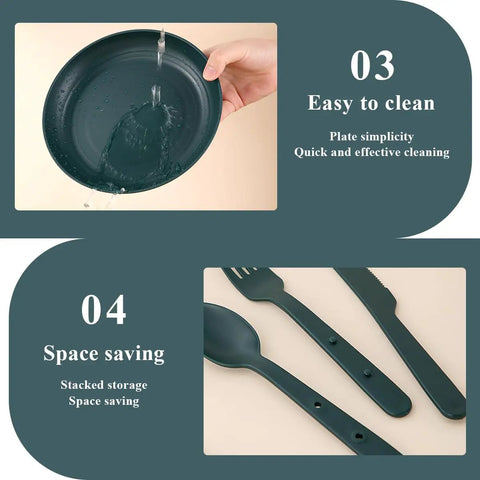 Camping Mess Kit For Four With Plates Bowls Cups Utensils And Carry Bag Food Grade Plastic Outdoor Dinnerware Gear For Travel Picnics And Campouts On The Go showing easy-to-clean plate and space-saving utensils