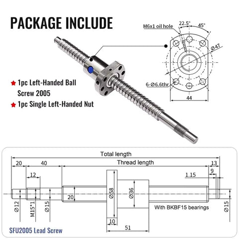 Diagram of SFU2005 Ball Screw Kit With Single Nut 20mm Diameter 5mm Pitch Left Hand Thread End Machined 450mm Rail built for CNC motion