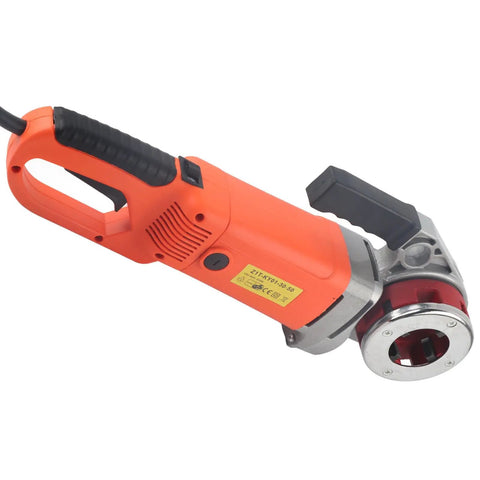 Rock Solid Electric Pipe Threader Handheld Threading Machine 110V US Plug, orange grip, designed for easy pipe threading.