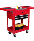 Red Mobile Tool Cart On Wheels For Garage And Workshop Heavy Duty Rolling Organizer With Directional Wheels Two Drawer Chest Tray Top