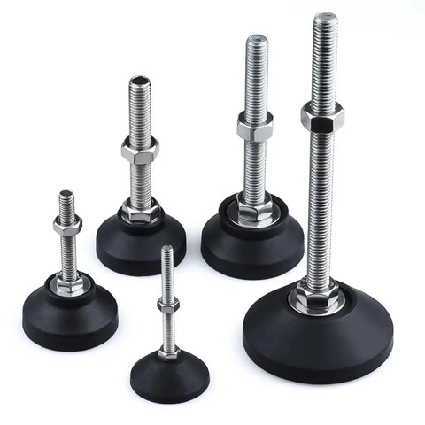 Heavy Duty Adjustable Leveling Feet Eight Piece Swivel Base Kit For Cabinets And Workbenches showing five height-adjustable feet with rubber bases.