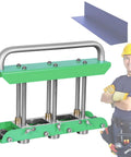 Portable Sheet Metal Bender Station 0-90 Degree Rolling Bender for steel, aluminum, copper panels shown with a worker and metal sheet.
