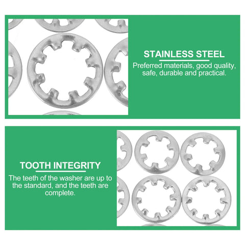 Close-up of stainless steel star washer kit with internal tooth lock washers, showcasing teeth integrity and durability.