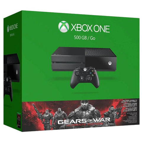 Badass 500GB Xbox Gaming Console Bundle Featuring The Epic Gears Of War Ultimate Edition in green box with controller and graphics.