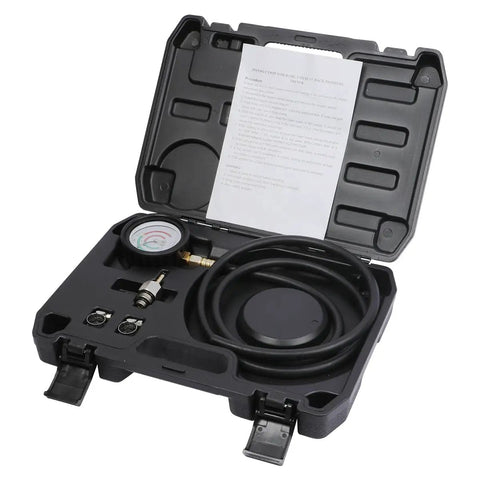 Exhaust Back Pressure Tester Kit With Carrying Case For Cars, Pro Grade Back Pressure Gauge Set, 6 Foot High Temp Hose, Car Diagnostic Tool With Adapters And 2 Hose Clamps, Garage Ready. Open case with gauge, hose, adapters, and clamps