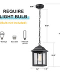 Diagram showing Rugged Outdoor Porch Chandelier With Seeded Glass Hanging Lantern In Sand Black Aluminum Finish dimensions.