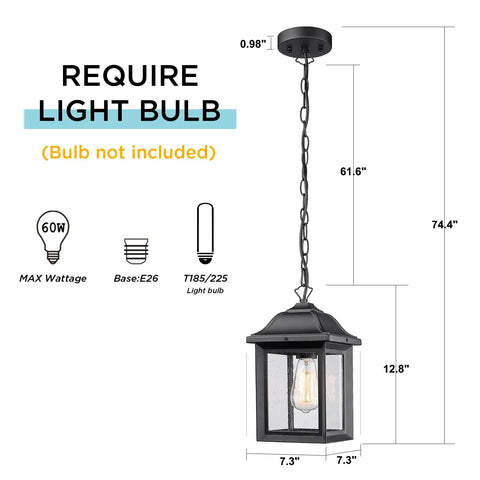 Diagram showing Rugged Outdoor Porch Chandelier With Seeded Glass Hanging Lantern In Sand Black Aluminum Finish dimensions.