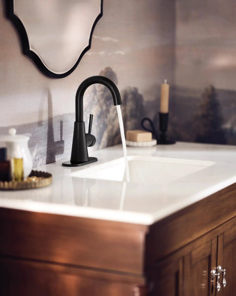 Ronan Matte Black One Handle Bathroom Sink Faucet With Single Hole Design Optional Deck Plate And Spring Loaded Drain Assembly