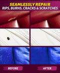 Before and after repair using Leather And Vinyl Repair Kit For Tears Holes Scratches And Peeling On Furniture Car Seats And Jackets