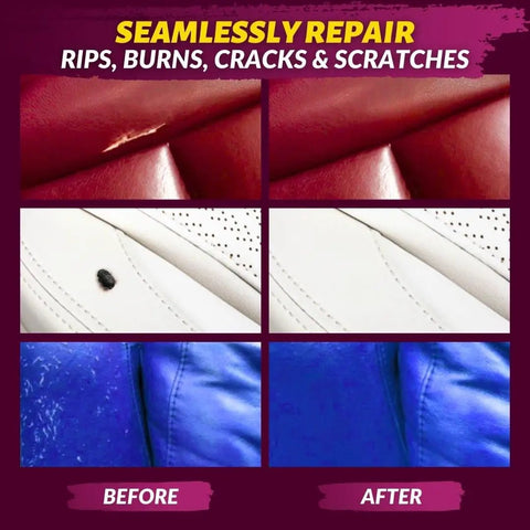 Before and after repair using Leather And Vinyl Repair Kit For Tears Holes Scratches And Peeling On Furniture Car Seats And Jackets
