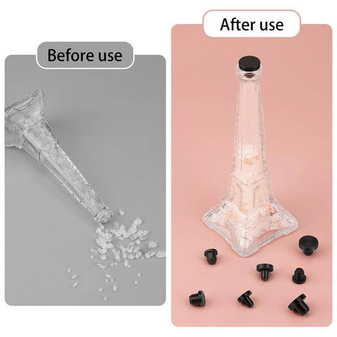 90 Pcs Silicone Rubber Hole Plugs Set in Assorted Sizes used in a bottle to prevent spilling before and after comparison.