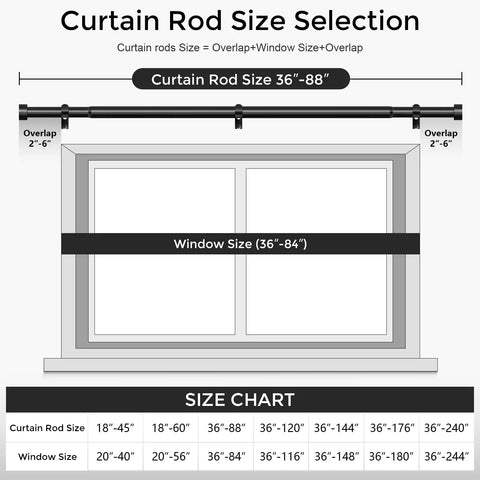 Diagram showing Heavy Duty 1 Inch Curtain Rod Set Adjustable From 36 To 88 Inches Black End Cap Drapery Rod installed on a window.