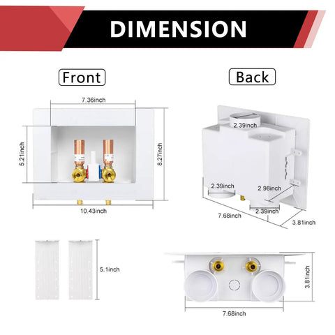 Dimensions of Double Drain Laundry Outlet Box With Half Inch Crimp Pex F1807 Inlet Single Lever Hot Cold Valve Copper WM016