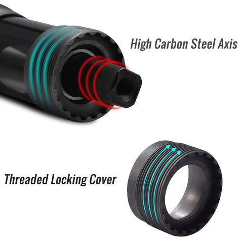 Durable Square Taper Bicycle Bottom Bracket 68mm Shell Fits 103 107 110.5 113 116 118 120 122.5 124.5 127.5mm With BB UN26 And Steel Bearings For Long Lasting Performance, showing high carbon steel axis and threaded locking cover close-up.