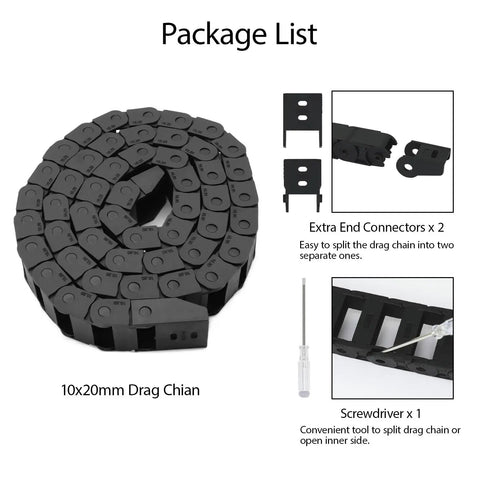R18 Bridge Type Black Plastic Drag Chain Cable Carrier 10x20mm Inner Size with connectors and screwdriver for CNC Machines