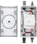 Interior view of High Voltage Solar DC Disconnect Switch 2-In-2-Out 1000V IP66 Isolator, Beefy 32A with wiring visible.
