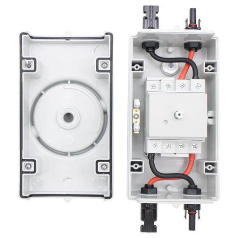 Interior view of High Voltage Solar DC Disconnect Switch 2-In-2-Out 1000V IP66 Isolator, Beefy 32A with wiring visible.