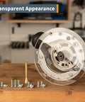 Killer Six And Half Inch Clear Acrylic Router Base Plate With Centering Pin And All The Right Screws Plus Foam Bit Caddy And Ten Piece Guide Bushing Set Straight Fire Shop Upgrade on wood table with screws.
