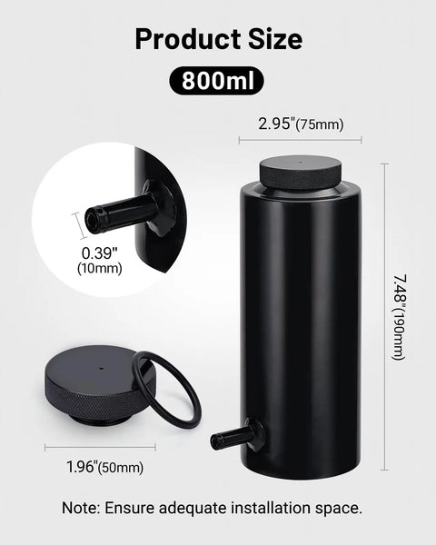 Universal Aluminum Coolant Overflow Tank And Radiator Expansion Bottle 800ML Matte Black with size details and top vent.