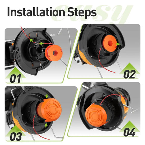 Installation steps showing how to replace spool with 20 Pack Weed Eater String Replacement Spool For Worx Trimmers 0.065 Inch 10 Ft Per Pack High Performance Flexible Aero Cutting Line With Durable Design 16 Spools And 4 Caps For Easy Refill