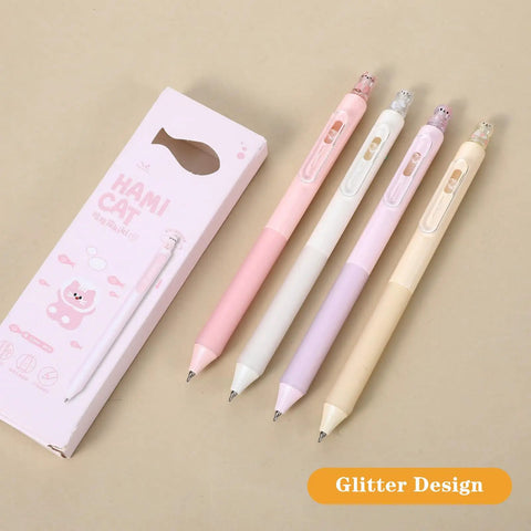 Four Cute Retractable Gel Pens With Glitter Cat Design, 0.5mm Fine Point Black Ink, pink purple yellow pens next to box
