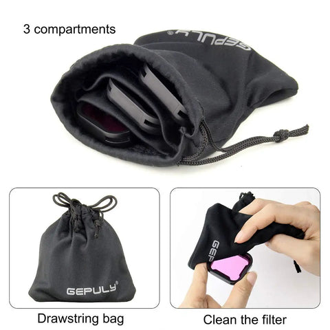 3 Pack Dive Filter Set For GoPro Hero 5 6 7 Black Super Suit Housing in black drawstring bag showing red and magenta filters.
