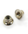 Close-up of two 5mm CNC aluminum propeller nuts with nylon locking threads for RC drones providing secure flights with CW/CCW threading.