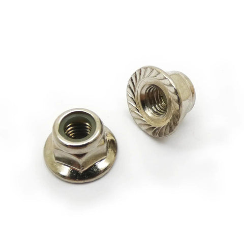 Close-up of two 5mm CNC aluminum propeller nuts with nylon locking threads for RC drones providing secure flights with CW/CCW threading.