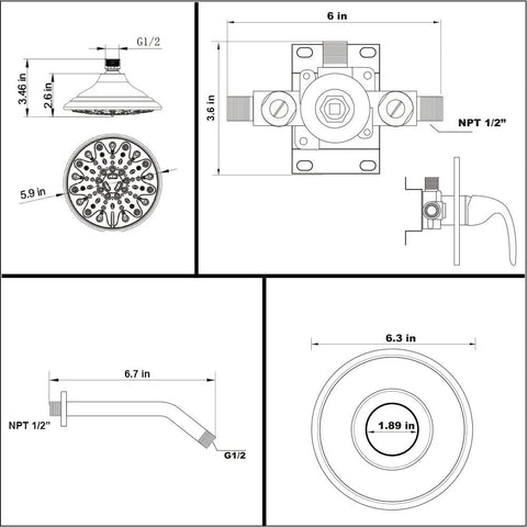 Technical diagram of Brushed Nickel Rain Shower System With 6 Inch Shower Head And Handle, ABS Construction, Leak-Proof Design