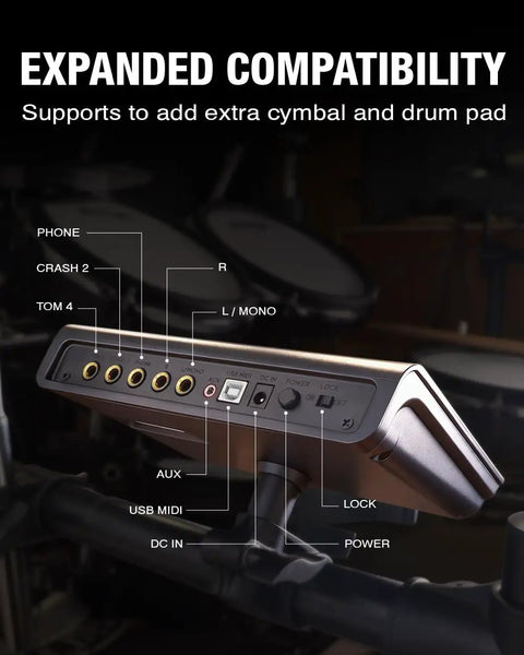 Professional Electric Drum Kit With Mesh Heads And 447 Sounds showing expandable compatibility ports for extra cymbal or tom