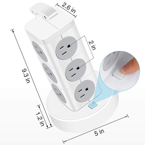 Diagram showing dimensions of Power Strip Tower With 12 AC Outlets And 3 USB Ports, Long Extension Cord, Surge Protector with button detail
