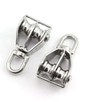 Beefy 2 Pack M25 Stainless Steel Double Pulley Block For Rigging And Lifting, Heavy Duty Swivel Wheel Block, 150Kg Load Capacity, 25Mm Wheel Diameter, 11Mm Groove, Rust Resistant Hardware, two stainless steel pulley blocks on white background