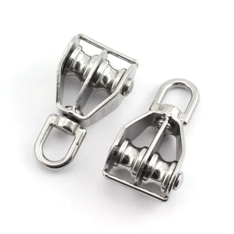 Beefy 2 Pack M25 Stainless Steel Double Pulley Block For Rigging And Lifting, Heavy Duty Swivel Wheel Block, 150Kg Load Capacity, 25Mm Wheel Diameter, 11Mm Groove, Rust Resistant Hardware, two stainless steel pulley blocks on white background