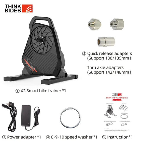 Quiet Portable Smart Bike Trainer For Indoor Rides With 18 Percent Slope Simulation, ANT Plus And BLE, Dual Mode Power Meter Up To 2000 Watts shown with accessories like power adapter and release adapters
