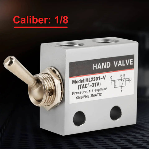 Three Way Two Port Pneumatic Toggle Valve With Hand Knob Control For Air Lines Easy To Install In Any System Mechanical Valve HL2301 close-up view with lever and ports visible.