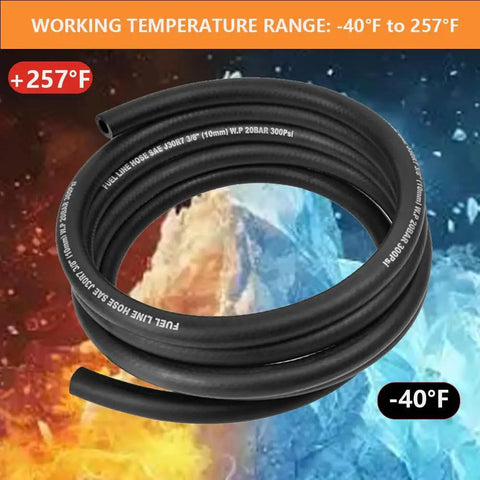 Coiled 5/16 Inch 8mm ID Fuel Line Hose, 10ft Push Lock NBR Rubber Fuel Hose For Automotive Systems, shown with temperature range