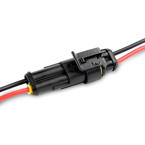 Nilight two-pin waterproof automotive wire connector, close-up; black plastic housing, AMP logo, red/black 16 AWG wires