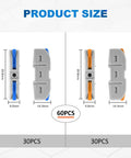 HTCELLE 60-piece lever wire connectors kit; front/side views in blue and orange for 28-12 AWG quick-connect splicing.