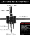 Adjustable Circle Hole Cutter For Wood And Drywall From One And Three Sixteenth Inch To Twelve Inch With One Eighth To Two Inch Cutting Depth And Three Eighth Inch Shank Includes Drill Bit And Hex Wrench For Plaster Plastic Plywood Pro Grade Aracombie shown with specifications.