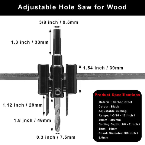 Adjustable Circle Hole Cutter For Wood And Drywall From One And Three Sixteenth Inch To Twelve Inch With One Eighth To Two Inch Cutting Depth And Three Eighth Inch Shank Includes Drill Bit And Hex Wrench For Plaster Plastic Plywood Pro Grade Aracombie shown with specifications.