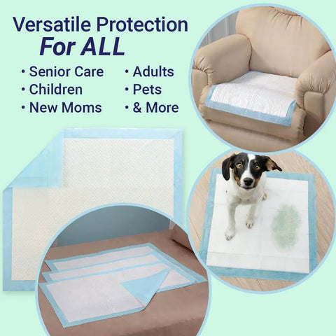 Straight Up Reliable Disposable Underpads For Adults Super Absorbent Leak Proof Incontinence Bed Pads set on couch and floor for protection.