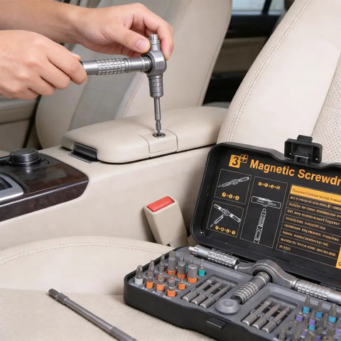 40 Piece Ratchet Tool Kit For Home And Professional Use With Magnetic Bits displayed on car seat, person using T handle