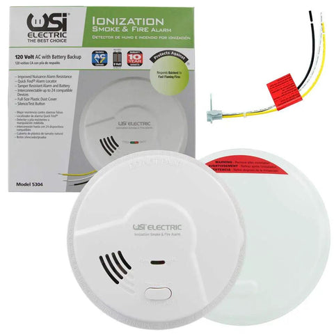 Hardwired Ionization Smoke Alarm 120V with Battery Backup 2 Pack showing device and packaging for fast fire detection in home safety.
