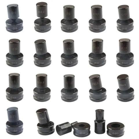 Set of hydraulic round punch dies for CH-70 with sizes from 4.2mm to 25mm, designed for metal fabrication and DIY projects.