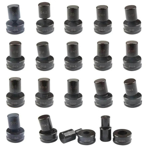 Set of die sizes for Hydraulic Round Hole Punch 10mm with black metal handle, including ranges CH-70 from 4.2mm to 25mm, durable steel.