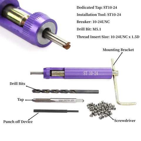 10-24 UNC Helical Inserts Kit For Aluminum With Stainless Steel Thread Repair Inserts ST Tap And Tool Included Fix Stripped Threads Reinforce Weak Material All In One Built To Last Heavy Duty Repair Solution, shown with tap, drill bits, and tools.