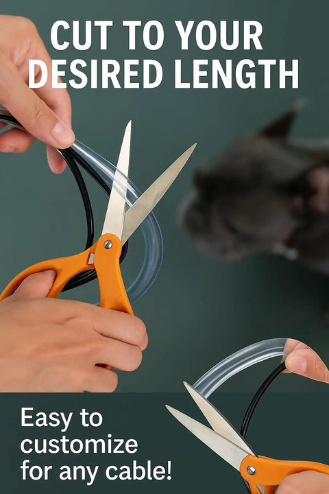 Person cutting XL 20 Feet Heavy Duty Pet Cord Protector For Tough Chewers Dogs And Cats Keeps Them From Chewing Insulated Wires Unscented Odorless Clear Cable Guard For Home Office And Travel with scissors
