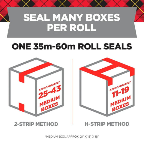 Infographic showing number of medium boxes sealed per roll using 2-strip and H-strip methods with Light Duty Shipping Packaging Tape.