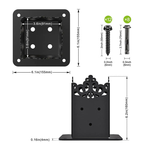 Diagram of Beefy 4x4 Post Anchor Base With 3.6 X 3.6 Inch Inner Size, showing dimensions and included screws and anchors