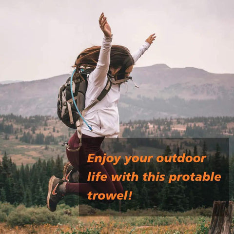 Person jumping outdoors wearing a backpack with text overlay "Enjoy your outdoor life with this protable trowel!"